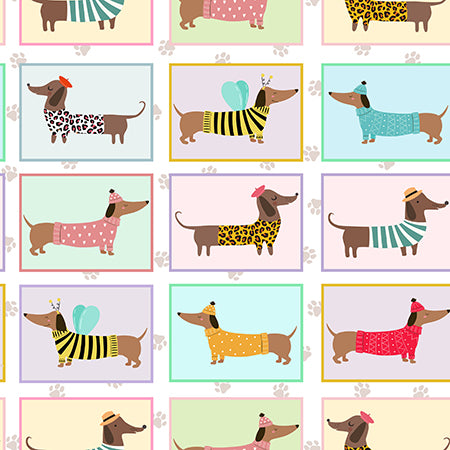 Dashing Dachshunds Rectangles by Milvale Design Studio for KK Fabrics (sold in 25cm increments)