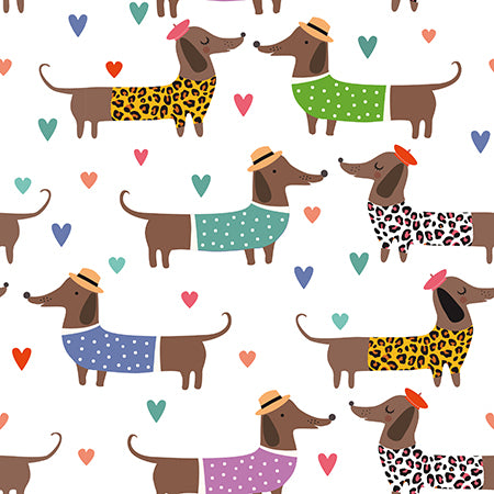 Dashing Dachshunds Holiday White by Milvale Design Studio for KK Fabrics (sold in 25cm increments)