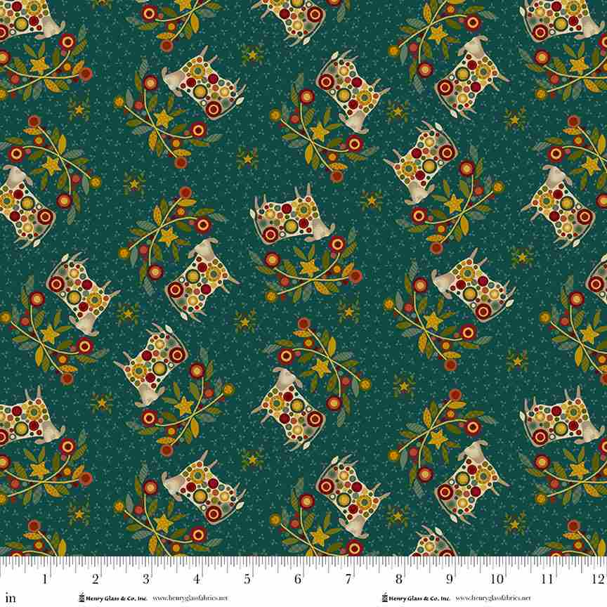 Pennyberry Farm Deep Teal Cows 2002-77 by Kim Diehl for Henry Glass Fabrics (sold in 25cm increments)