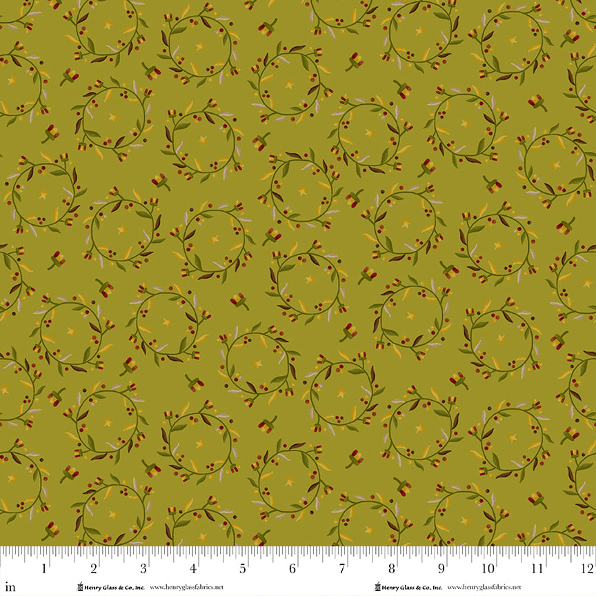 Pennyberry Farm Green Wreaths 2008-66 by Kim Diehl for Henry Glass Fabrics (sold in 25cm increments)