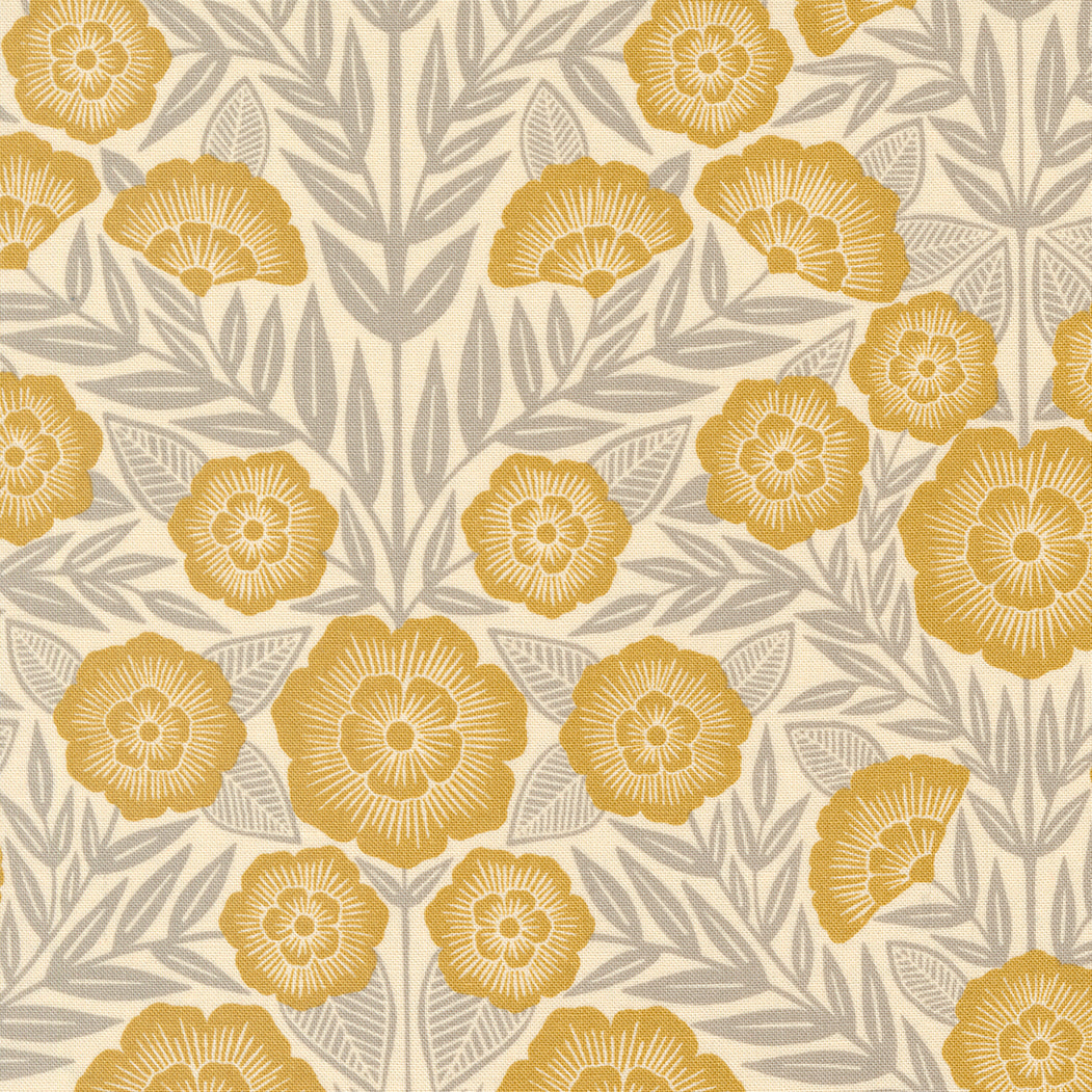 Flower Press Ecru Gold Florals M330022 by Katharine Watson of Moda fabrics (sold in 25cm increments)