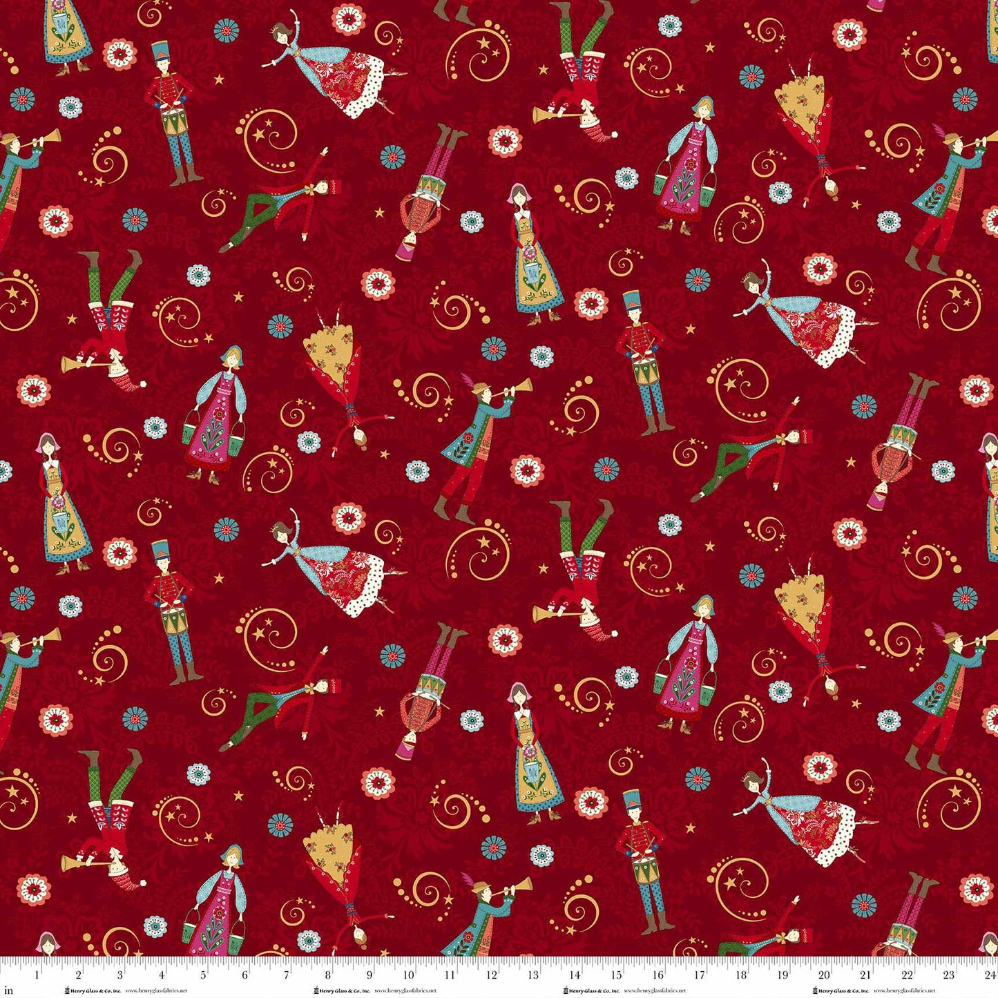 Scandinavian Holiday Red Multi Folk Art People Toss 3451-88 by Mary Jane Carey for Henry Glass Fabrics (sold in 25cm increments)