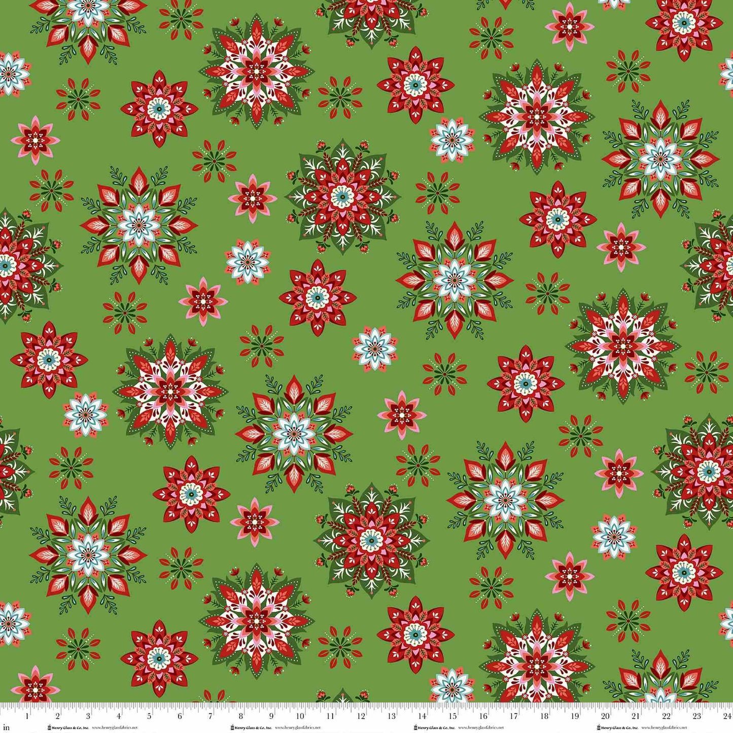 Scandinavian Holiday Green Snowflake Toss 3452-66 by Mary Jane Carey for Henry Glass Fabrics (sold in 25cm increments)