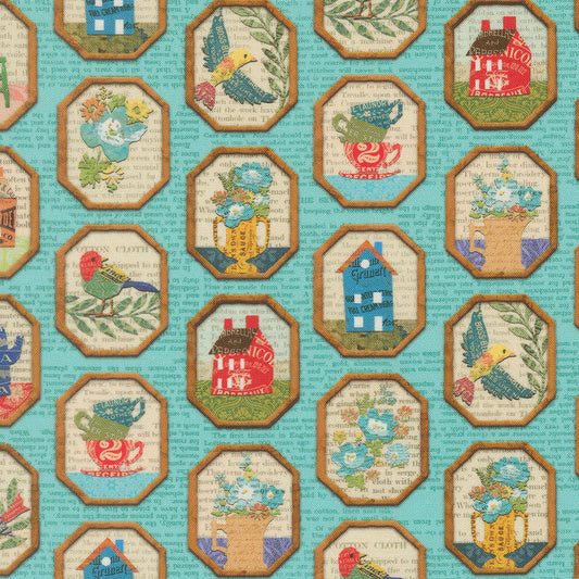Paper Hamlet Frames Newspaper Sky M3956517 by Cathe Holden for Moda fabrics (sold in 25cm increments)