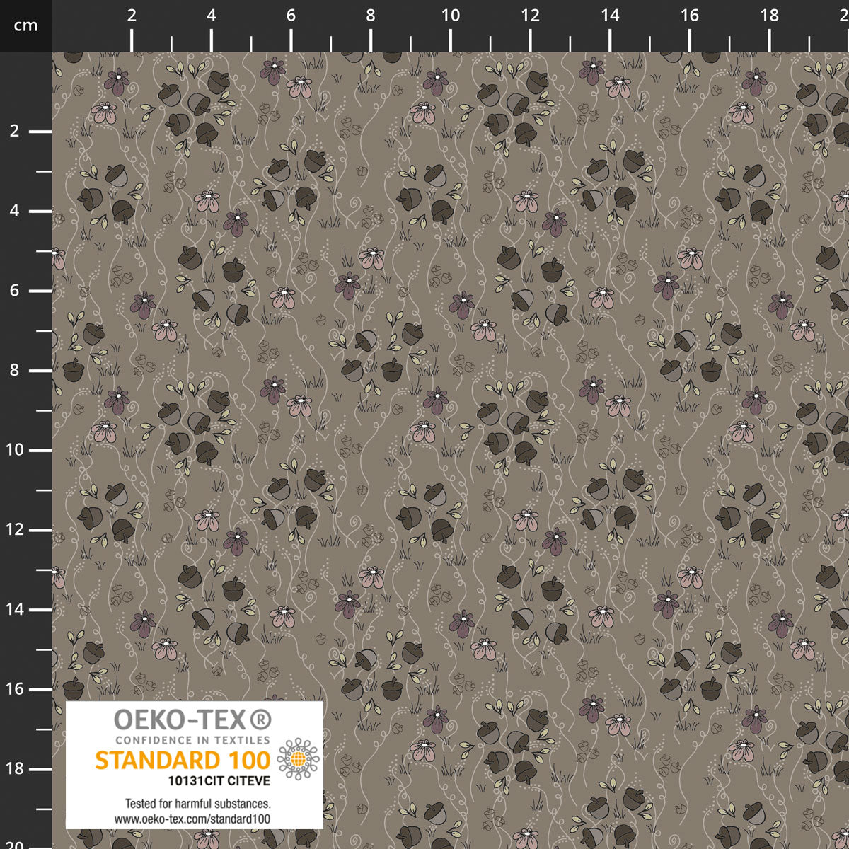 The Sweetest Embrace Taupe Acorns & Flowers 4514552 by Linette Jakobsen for Stoff Fabrics (sold in 25cm increments)