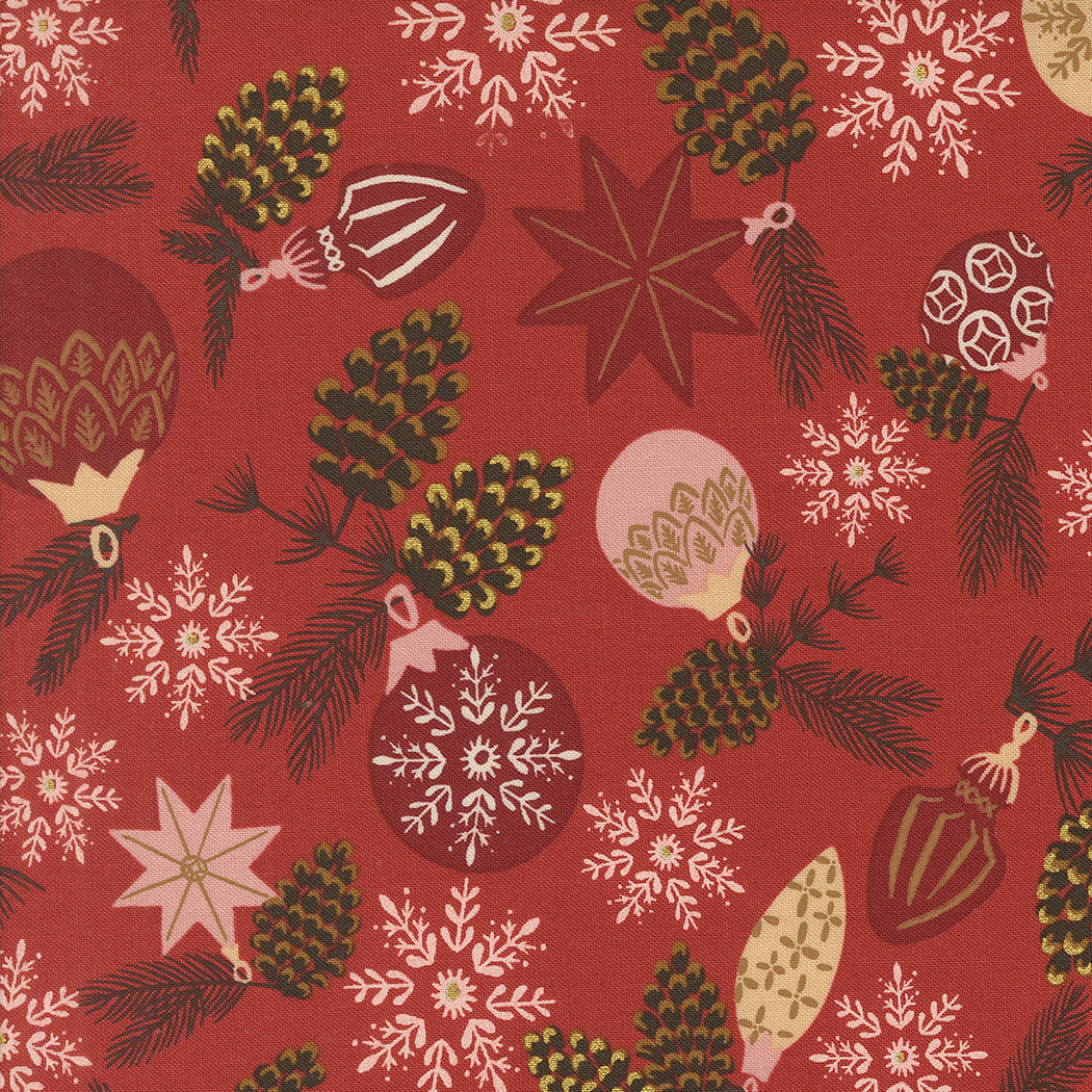 Old World Yuletide Branch Bauble Metallic Poinsettia M4562118M by Fancy That Design House for Moda Fabrics (sold in 25cm increments)