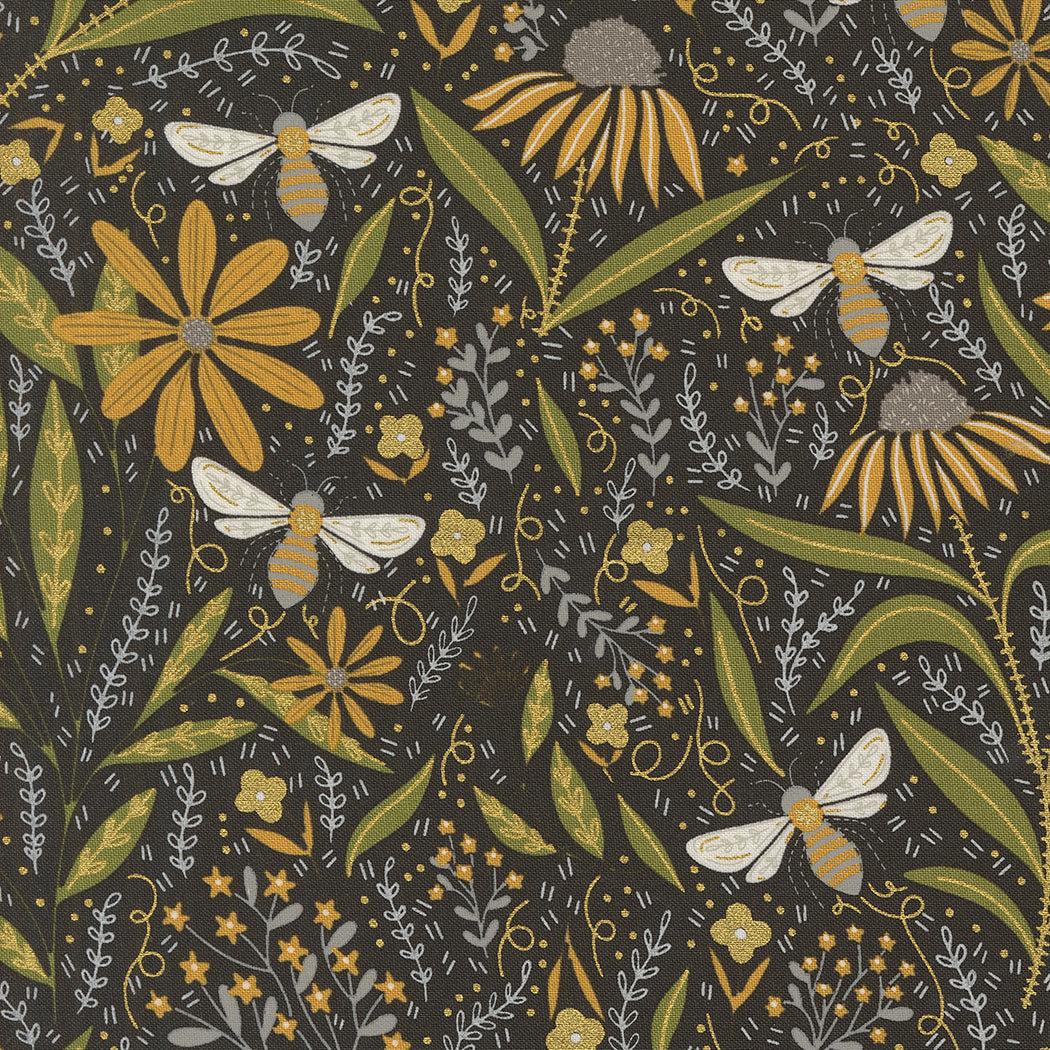 Bee Garden Florals Bee Black Metallic M4841021M by Gingiber for Moda Fabrics (sold in 25cm increments)