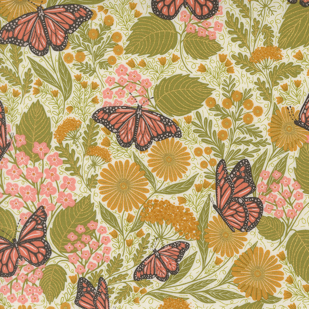 Bee Garden Butterfly Floral Metallic Porcelain M4841211M by Gingiber for Moda Fabrics (sold in 25cm increments)