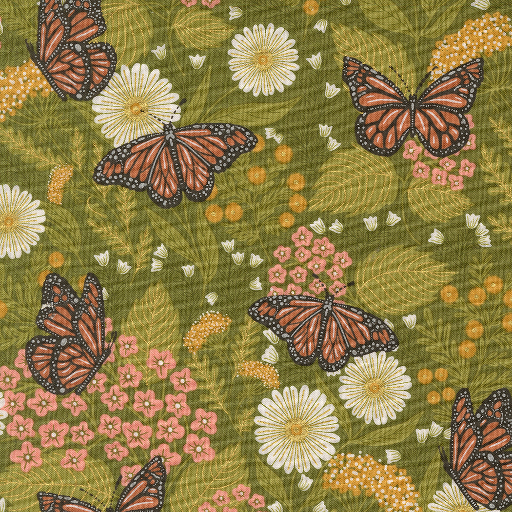 Bee Garden Butterfly Floral Metallic Ivy M4841212M by Gingiber for Moda Fabrics (sold in 25cm increments)