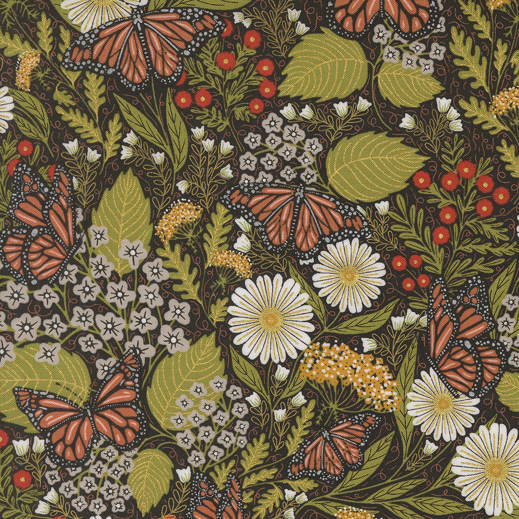 Bee Garden Butterfly Floral Metallic Black M4841221M by Gingiber for Moda Fabrics (sold in 25cm increments)