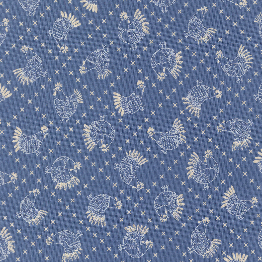 The Henhouse Cross Stitch Chicken Cobalt M4843419 by Gingiber for Moda Fabrics (sold in 25cm increments)