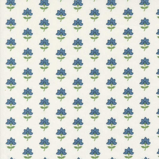 Fabric, Shoreline Camille Roskelley. Blue floral pattern with white background