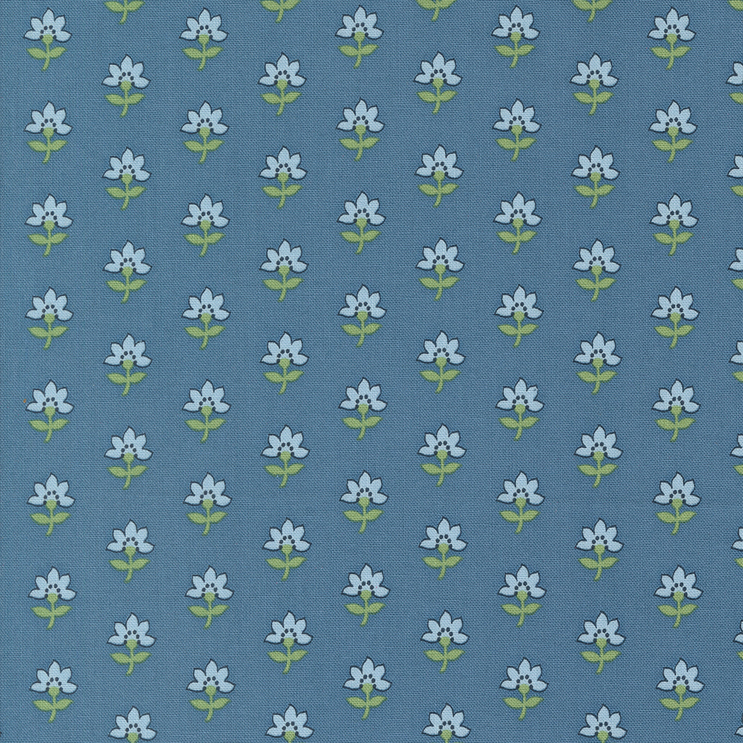 Fabric, Shoreline Camille Roskelley. Blue floral pattern with blue background.