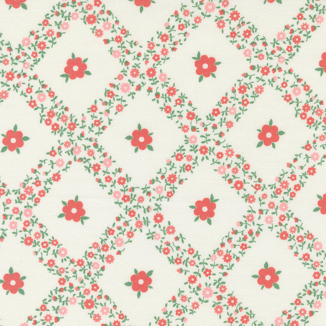 Rosemary Cottage Cream Strawberry Trellis Floral M5531111 by Camille Roskelley for Moda Fabrics (sold in 25cm increments)