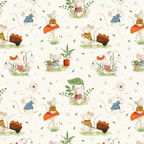 Whimsical Fields Mice Cream 82130102 by Mel Armstrong for Nutex Fabrics (sold in 25cm increments)