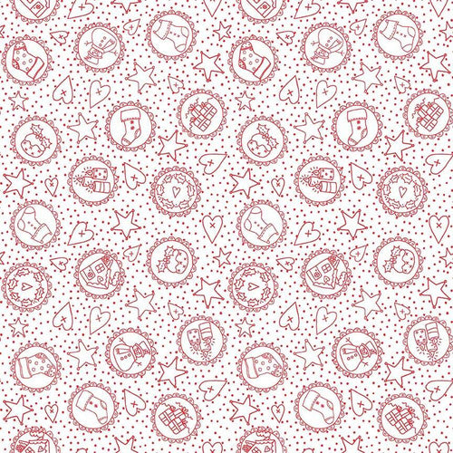 Redwork Christmas Cream Redwork Motifs in Circles by Mandy Shaw for Henry Glass Fabrics (sold in 25cm increments)