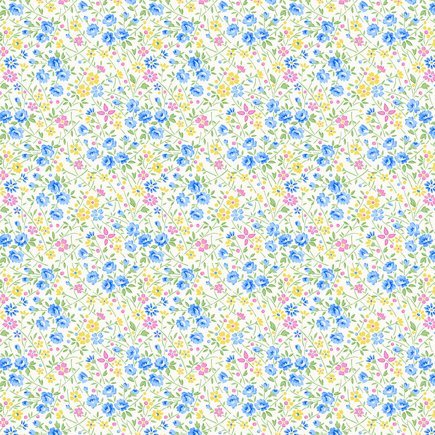 Nana Mae 7 Wild Flowers Cream Blue 902-01 by Henry Glass Fabrics (sold in 25cm increments)