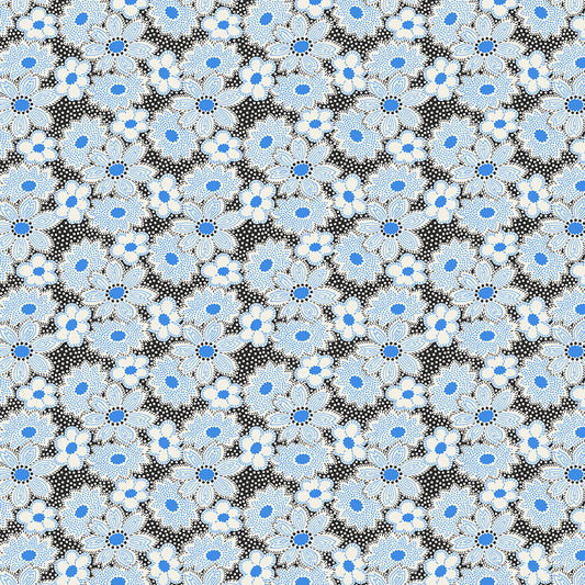 Nana Mae 7 Large Flowers Black Blue 904-19 by Henry Glass Fabrics (sold in 25cm increments)