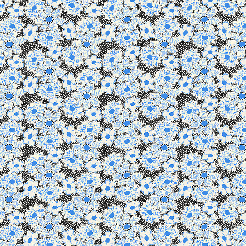 Nana Mae 7 Large Flowers Black Blue 904-19 by Henry Glass Fabrics (sold in 25cm increments)