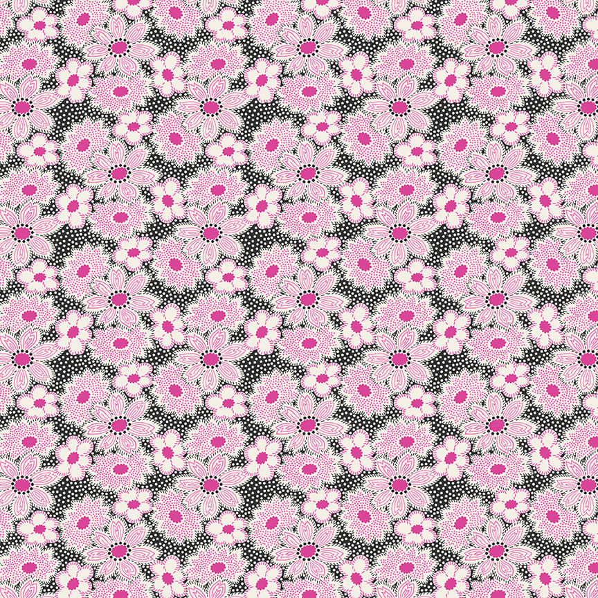 Nana Mae 7 Large Flowers  Black Pink 904-29 by Henry Glass Fabrics (sold in 25cm increments)