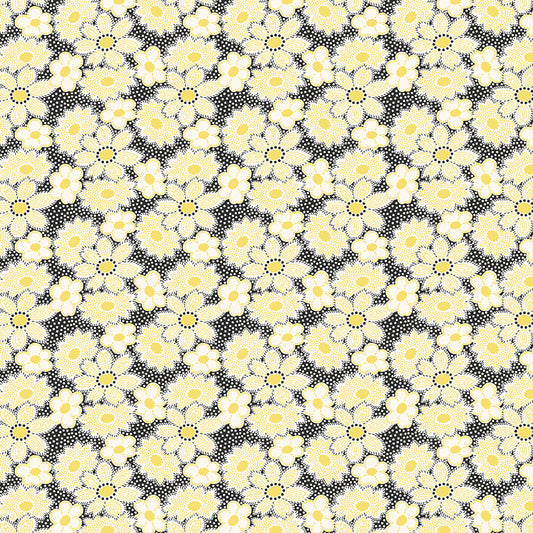 Nana Mae 7 Large Flowers Black Yellow 904-49 by Henry Glass Fabrics (sold in 25cm increments)