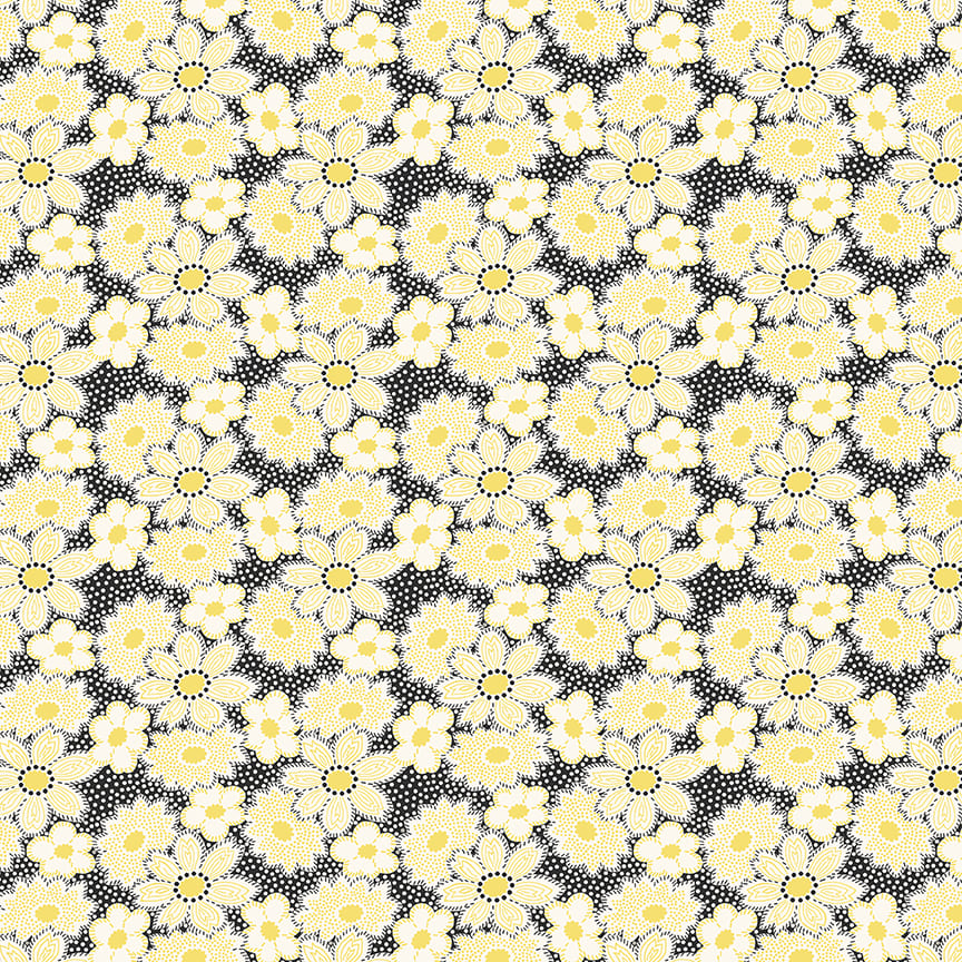 Nana Mae 7 Large Flowers Black Yellow 904-49 by Henry Glass Fabrics (sold in 25cm increments)