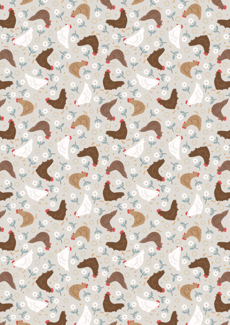 Country Croft Hens on Grey A958B by Lewis and Irene (sold in 25cm increments)