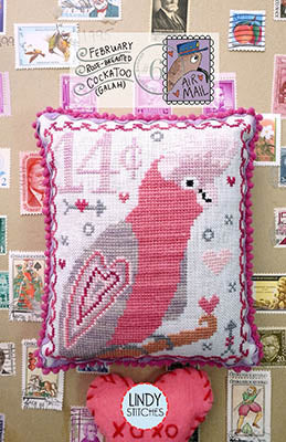 Air Mail February Rose Breasted Cockatoo (Galah) Cross Stitch Pattern by Lindy Stitches