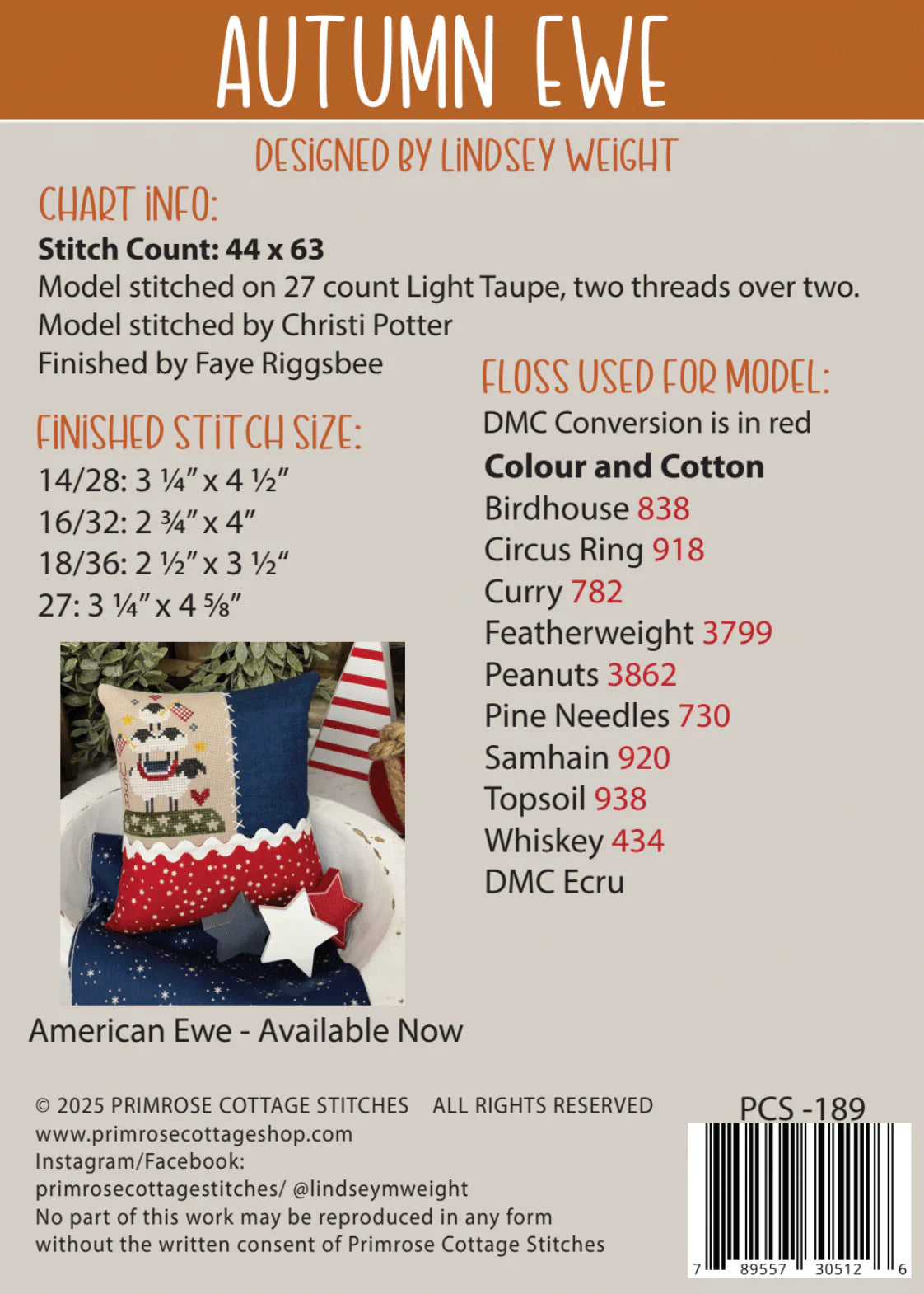 Autumn Ewe Cross Stitch Pattern Primrose Cottage Stitches