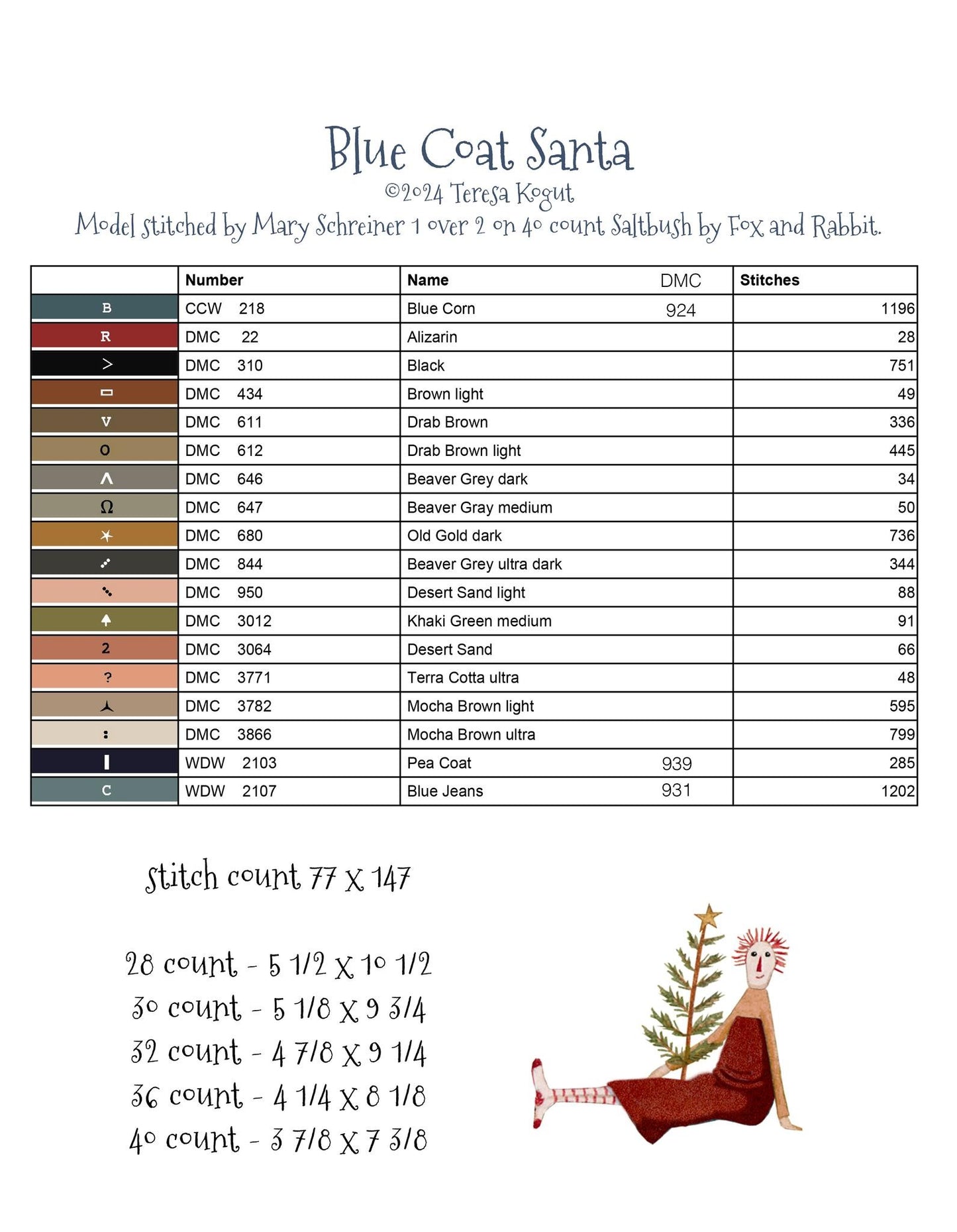 Blue Coat Santa Cross stitch pattern by Teresa Kogut