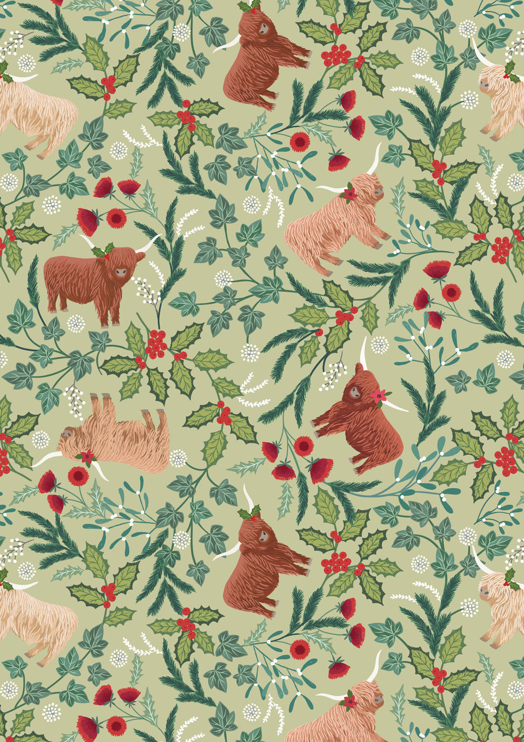 Celtic Christmas Highlands on Festive Sage C130B by Lewis and Irene (sold in 25cm increments)