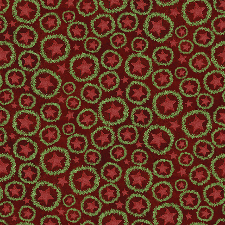 Up on the Housetop Star Wreaths Cranberry C14733 by Teresa Kogut for Riley Blake Designs (sold in 25cm increments)