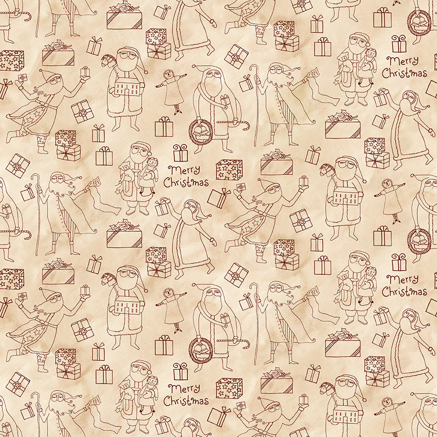 Naughty and Nice Santas and Gifts Parchment C16262 by Teresa Kogut for Riley Blake fabrics (sold in 25cm increments)