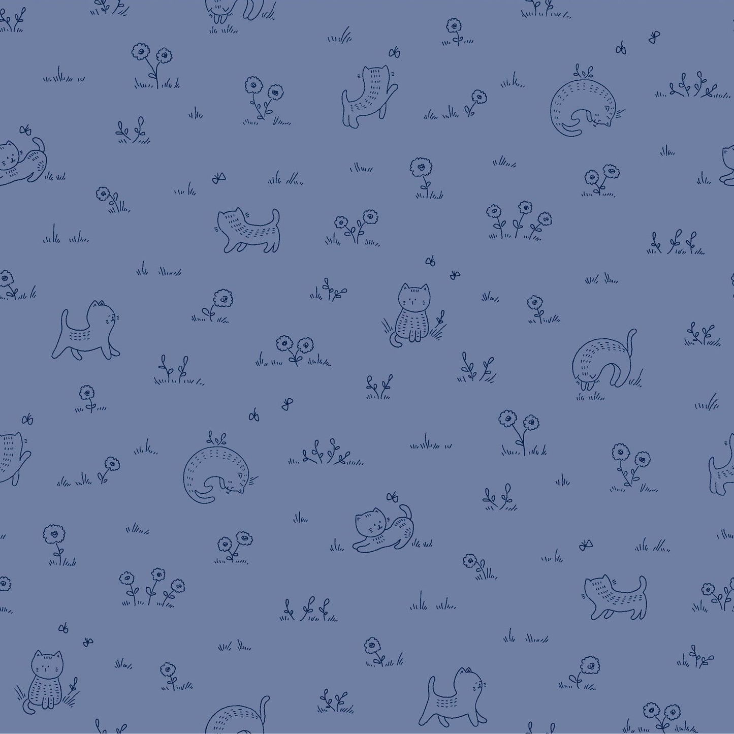 Kitten Fun Playful Tonal Denim Y4570-88 by Julia Khimich for Clothworks (sold in 25cm increments)