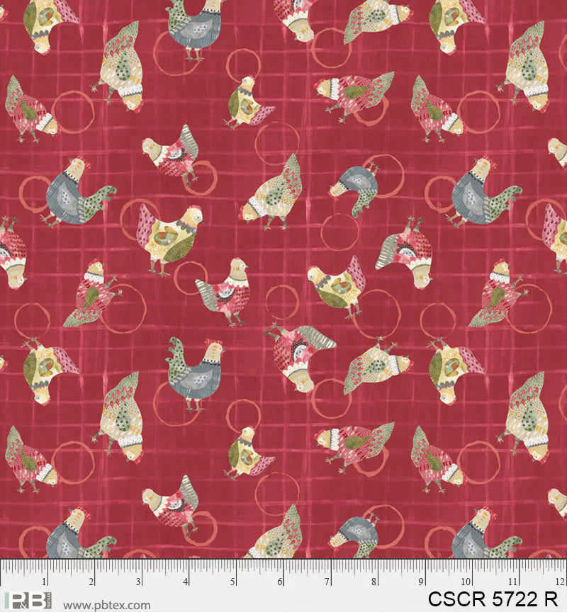 Chicken Scratch Red Scattered Chickens PB5722R by Courtney Prahl for P & B Textiles (sold in 25cm increments)
