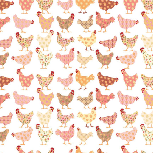 Homestead Cheeky Chickens White PH23402 by Prairie Sisters for Poppie Cotton (sold in 25cm increments)