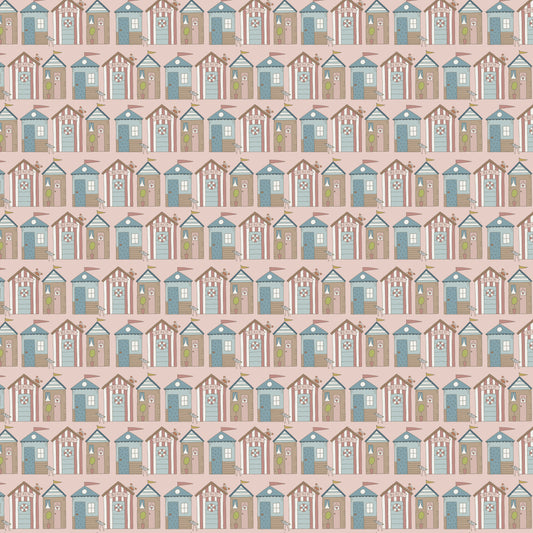 Sunkissed Sojourn Pink Beach Huts DV6100 by Natalie Bird of Birdhouse Designs for Devonstone (sold in 25cm increments)