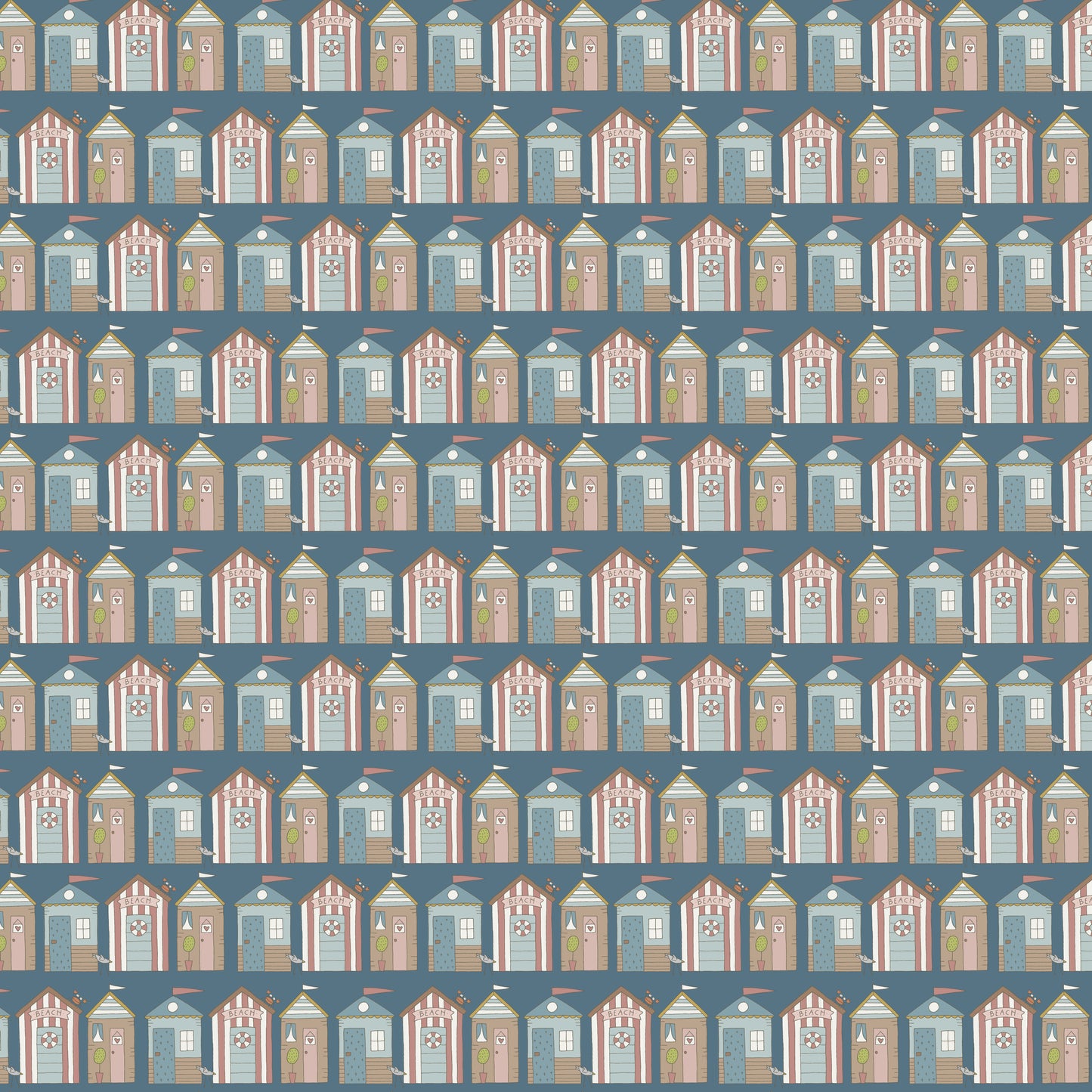 Sunkissed Sojourn Blue Beach Huts DV6101 by Natalie Bird of Birdhouse Designs for Devonstone (sold in 25cm increments)