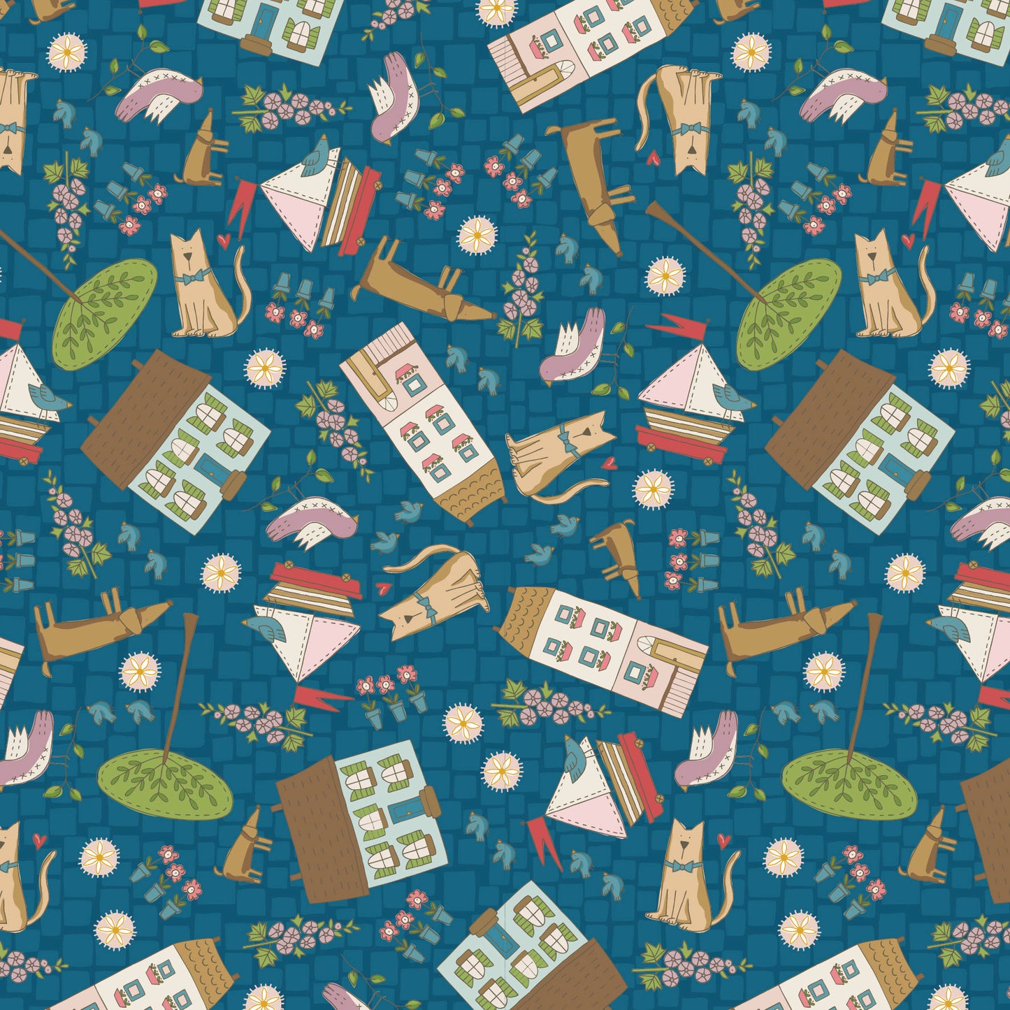 Out & About Scattered Houses Dark Blue DV7755 by Natalie Bird for Devonstone Fabrics (sold in 25cm increments)