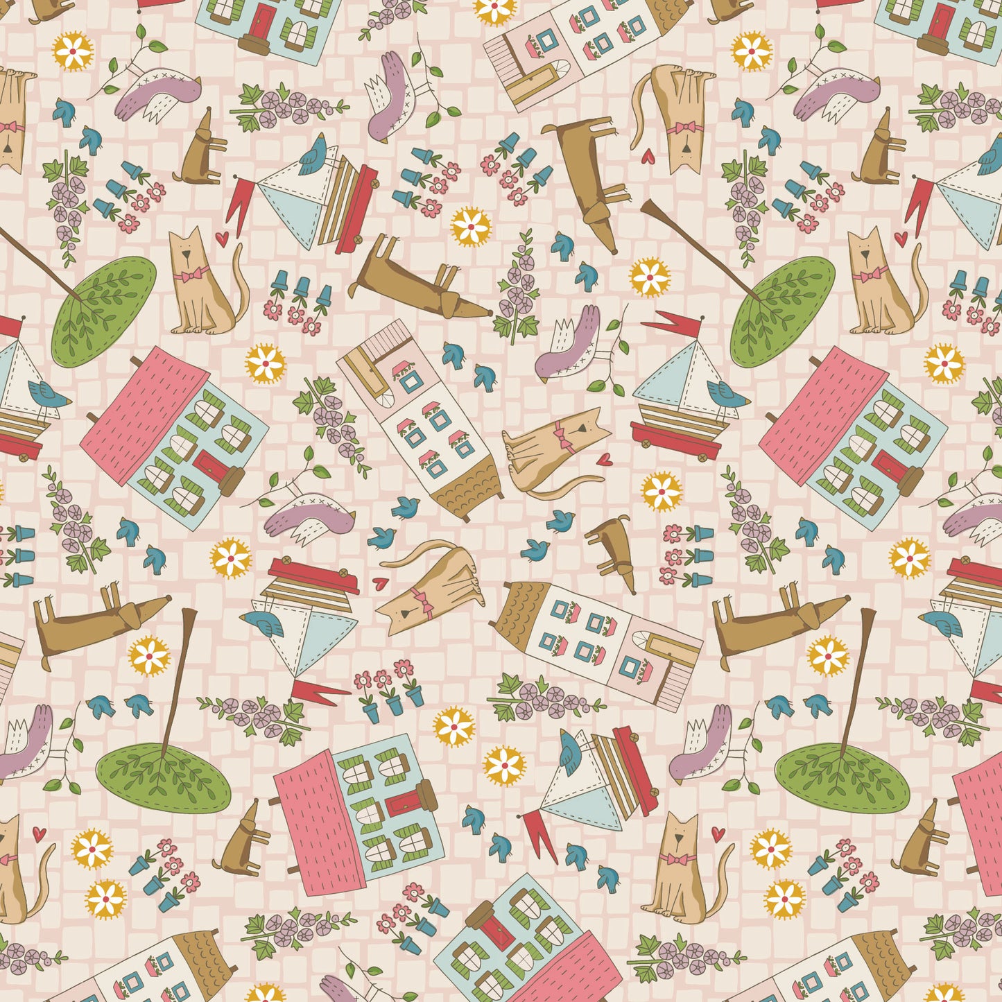 Out & About Scattered Houses Pink DV7756 by Natalie Bird for Devonstone Fabrics (sold in 25cm increments)