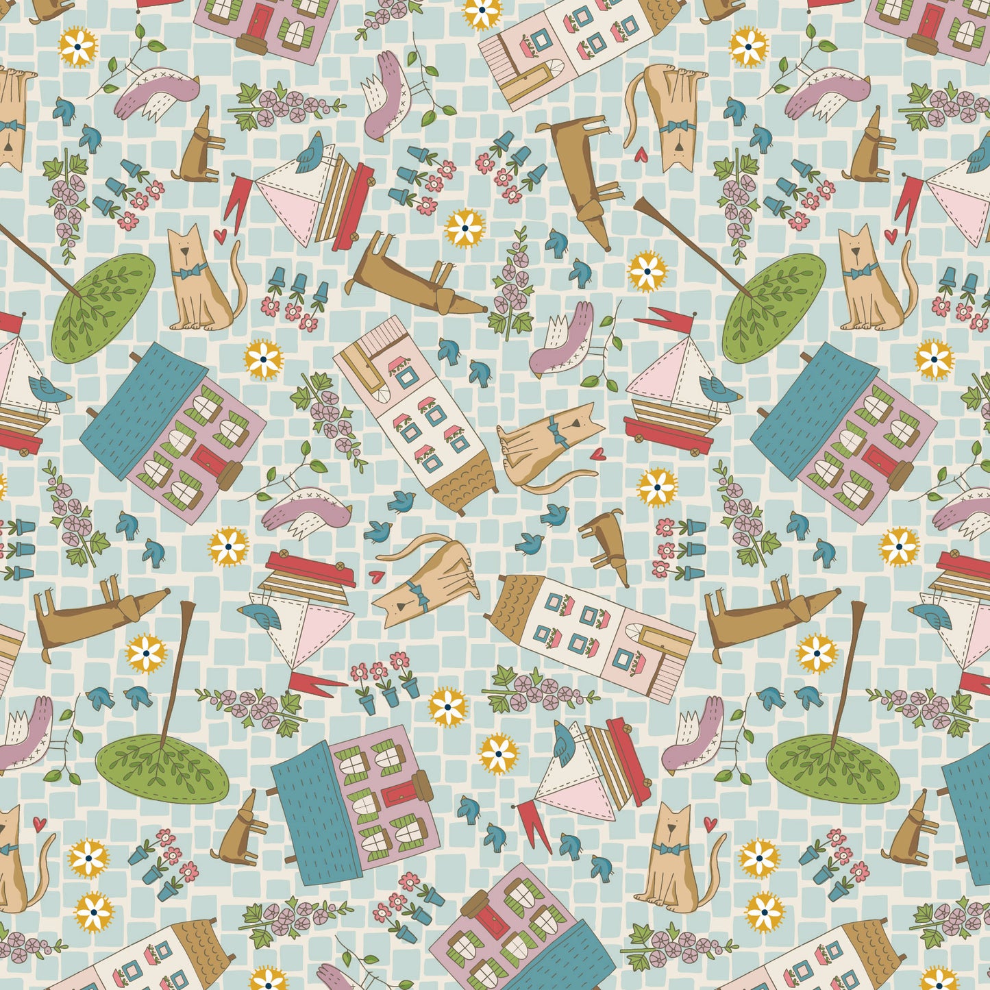 Out & About Scattered Houses Light Blue DV7757 by Natalie Bird for Devonstone Fabrics (sold in 25cm increments)