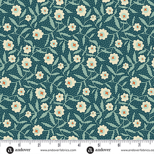 Flower Box Peacock Bachelor Button A1016T by Renee Nanneman for Andover Fabrics (sold in 25cm increments)