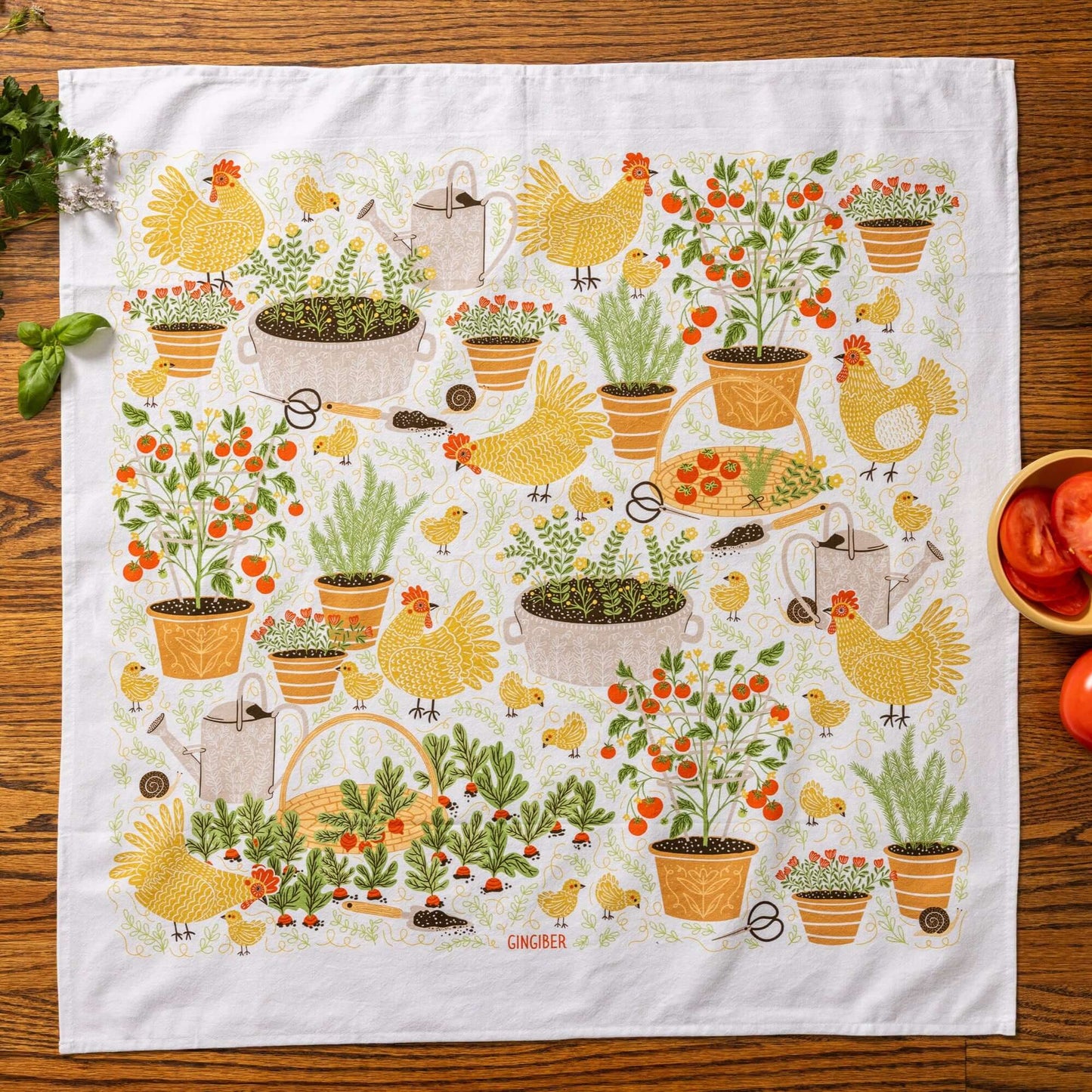 Garden Chickens Tea Towel by Gingiber