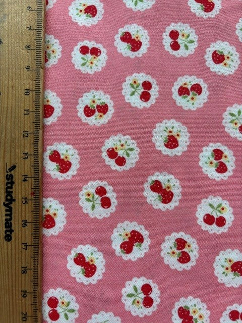 Happy Message 30's Collection Cherries Pink HM10722-B by Atsuko Matsuyama for Yuwa Fabrics (sold in 25cm increments)