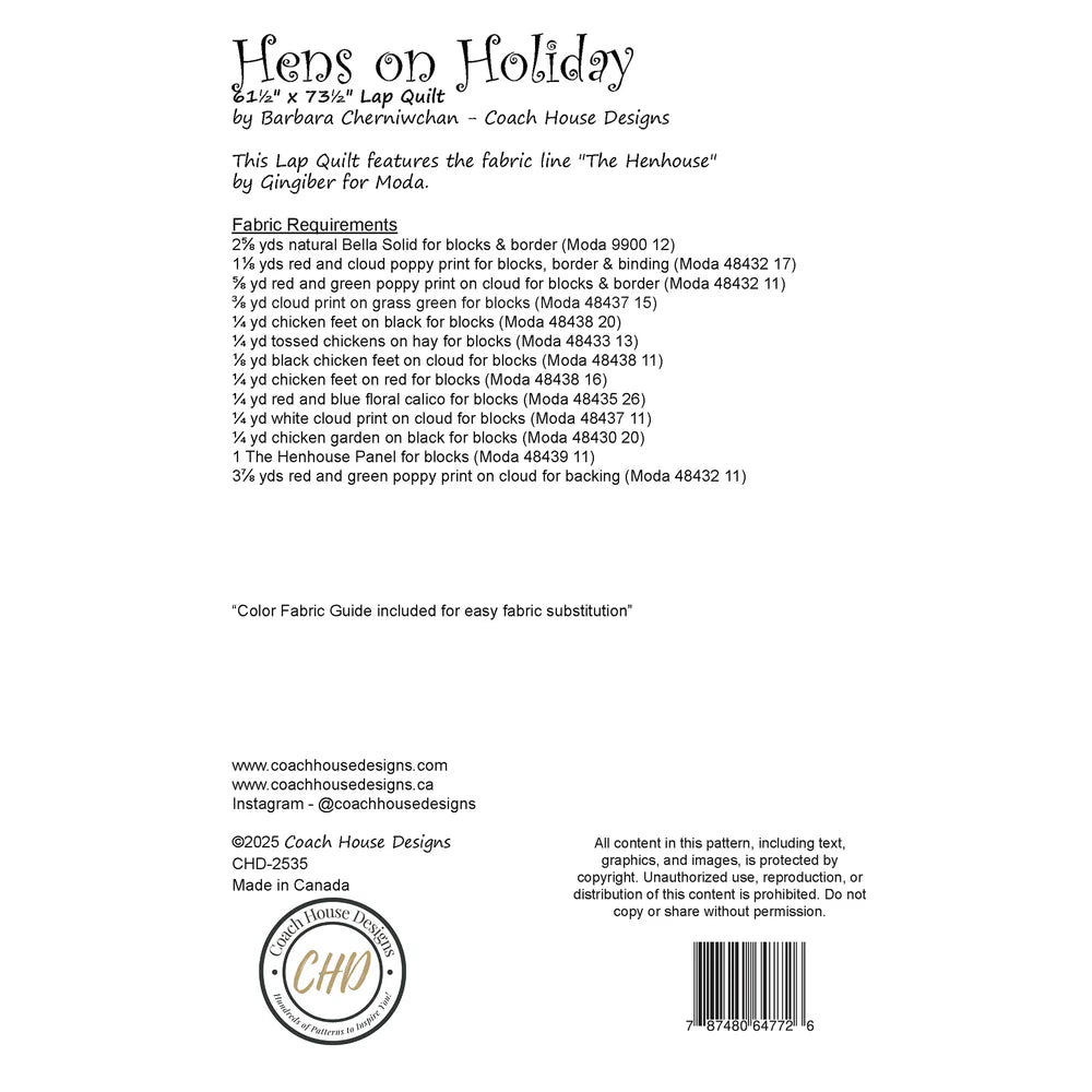 Hens on Holiday Quilt Pattern by Coach House Designs
