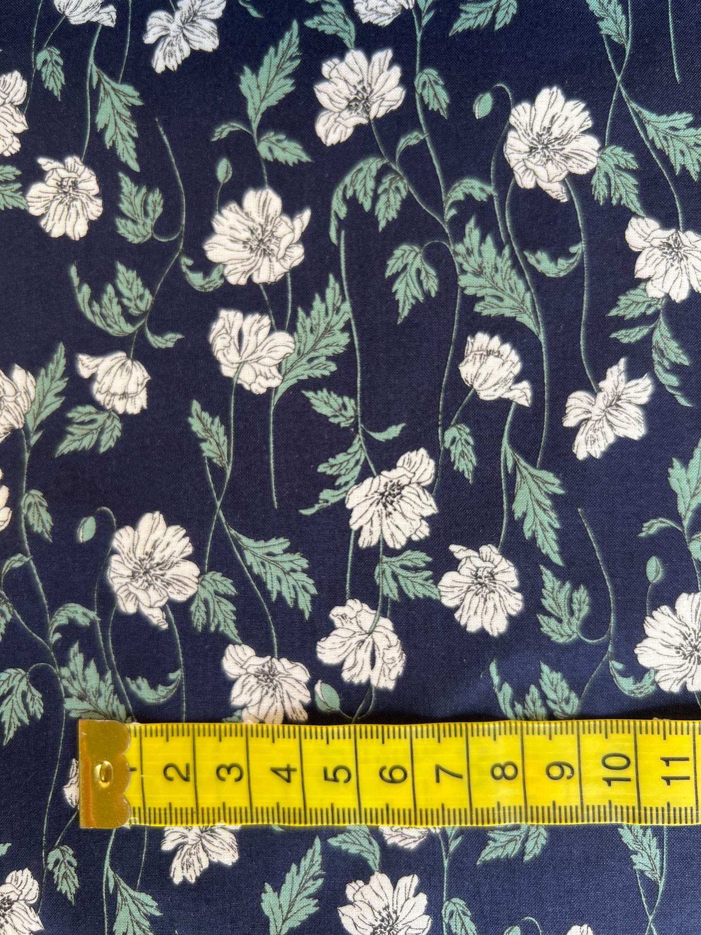 White Flower on Navy Lawn Fabric by Hokkoh (sold in 25cm increments)