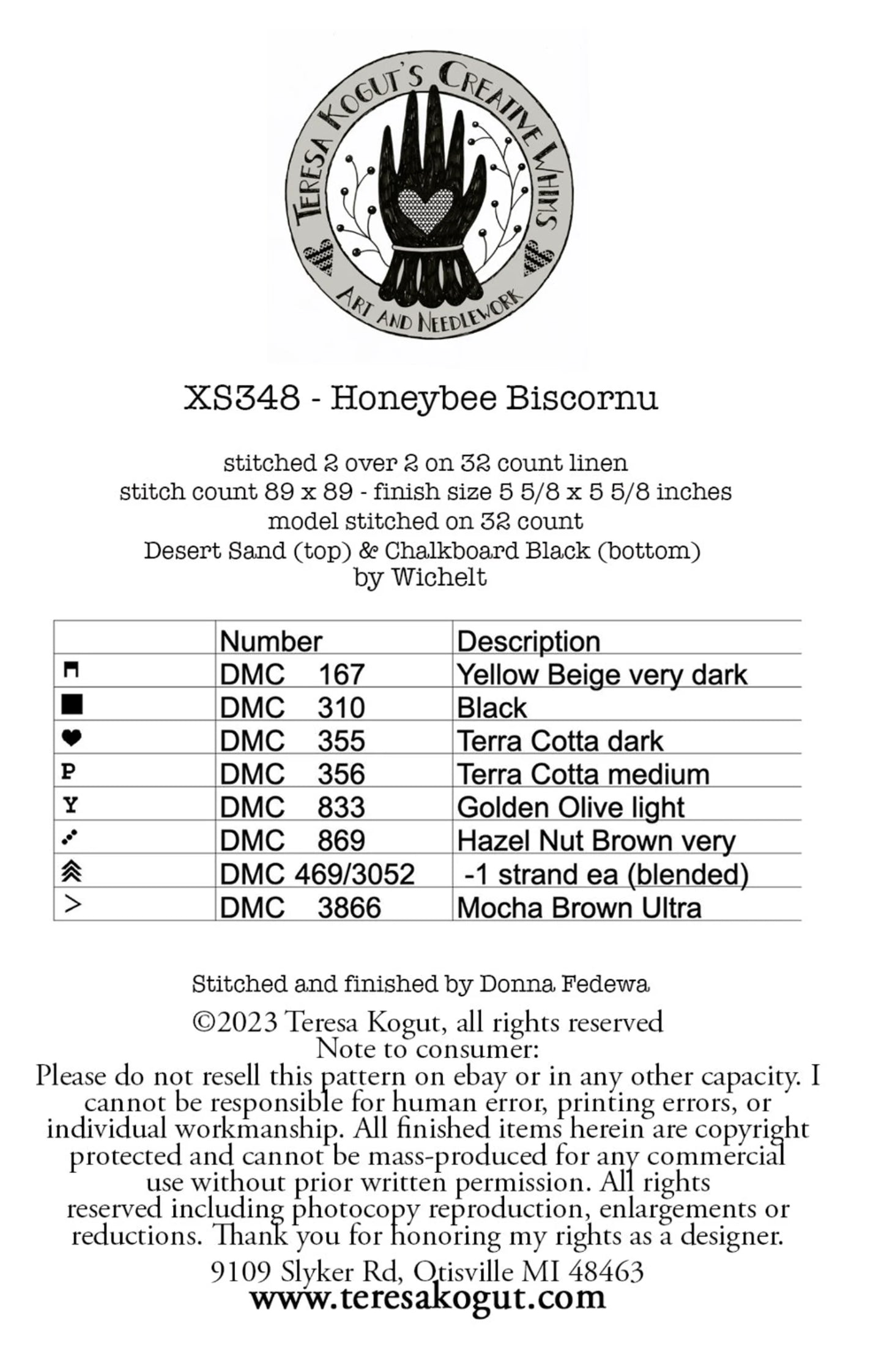 Honeybee Biscornu Cross Stitch pattern by Teresa Kogut