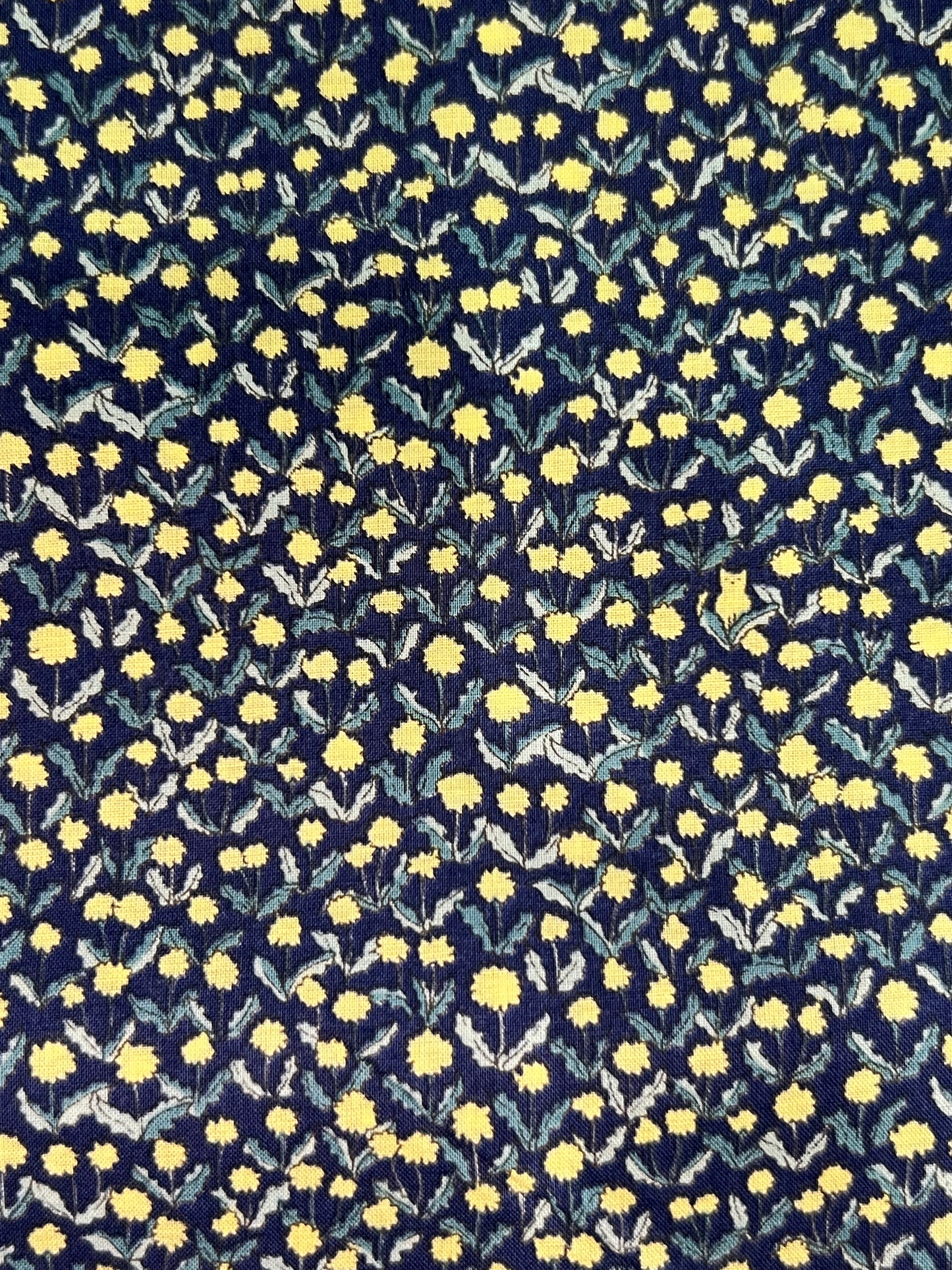 Yellow Flowers & Mini Cats on Navy Lawn Fabric by Hokkoh (sold in 25cm increments)