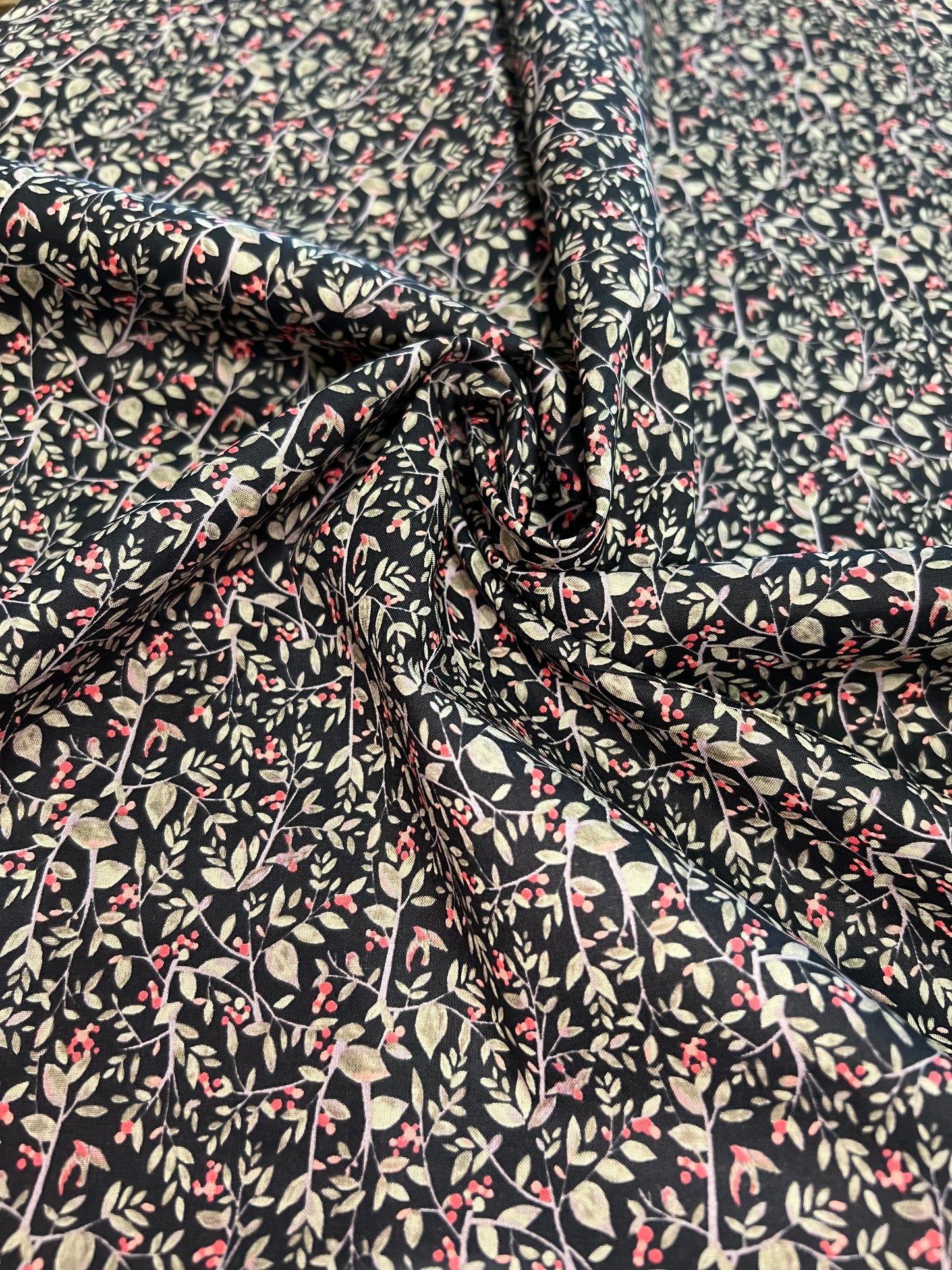 Berries & Birds Red Pink Black Lawn Fabric by Hokkoh (sold in 25cm increments)