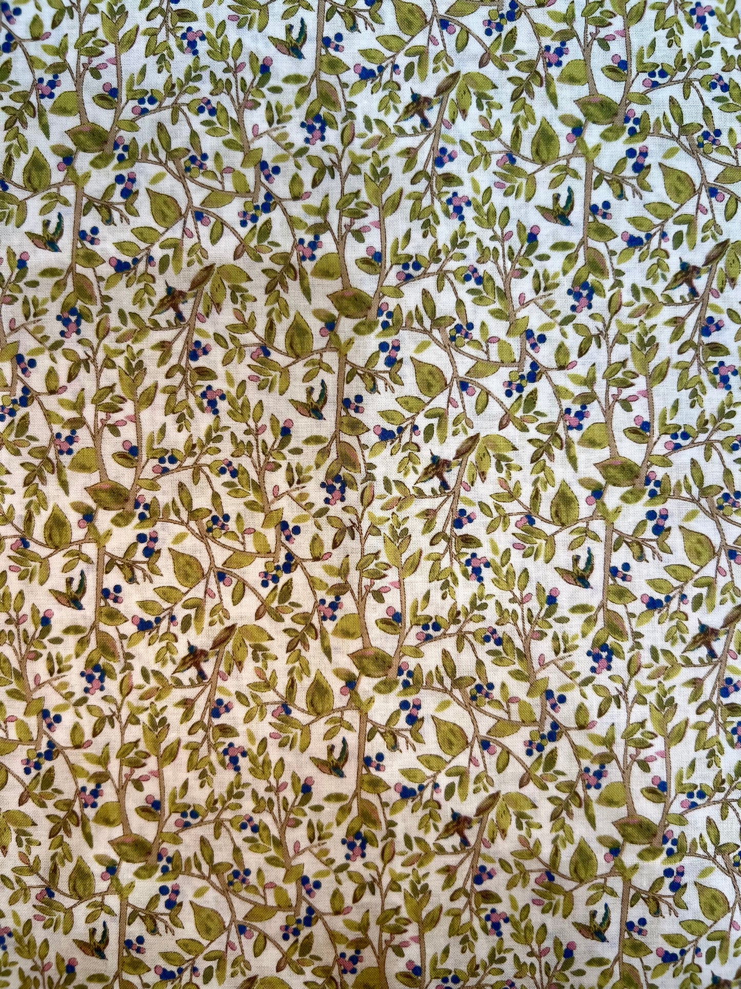 Berries & Birds Blue Pink on White Lawn Fabric by Hokkoh (sold in 25cm increments)